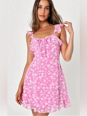 Lulu's Pink Floral Tie-Front Ruffle Midi Dress